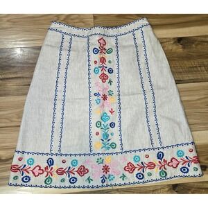 Boden Brooke Embroidered Skirt Womens Tan with Multi Size 8P Linen Cotton Blend‎